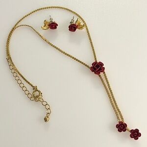 Vintage June Birth Flower Necklace and Earrings Set Gold Tone Red Rose Enamel